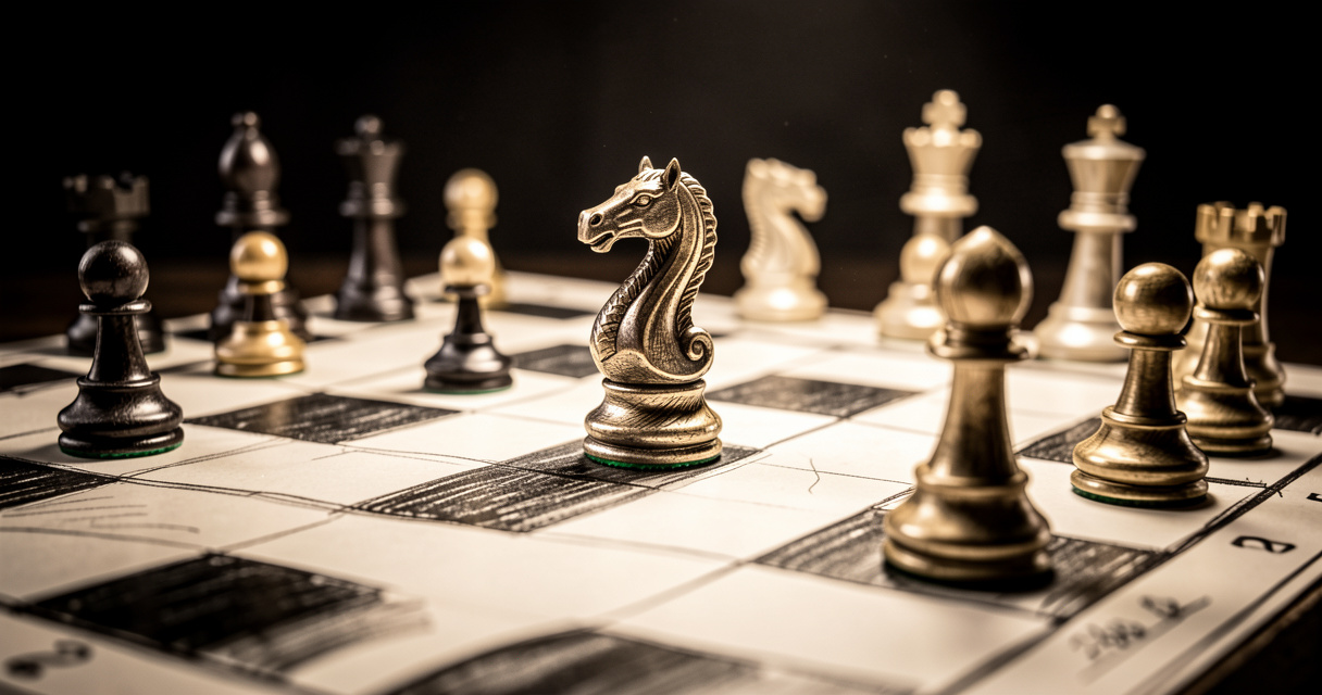 Plateau d'échecs en bois en milieu de partie, mise au point sur un cavalier et un pion, éclairage dramatique.