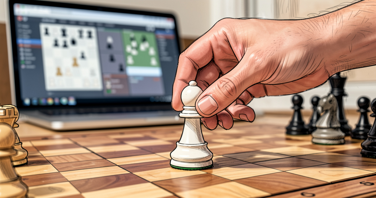 Main d'un joueur déplaçant un pion blanc sur un échiquier en bois, un écran d'analyse d'échecs en arrière-plan.
