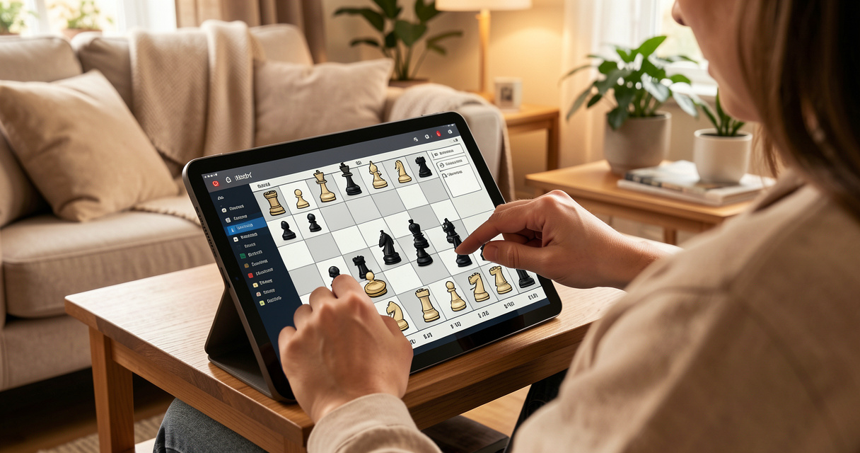 Personne jouant aux échecs sur tablette dans un salon, jeu d'échecs en ligne gratuit