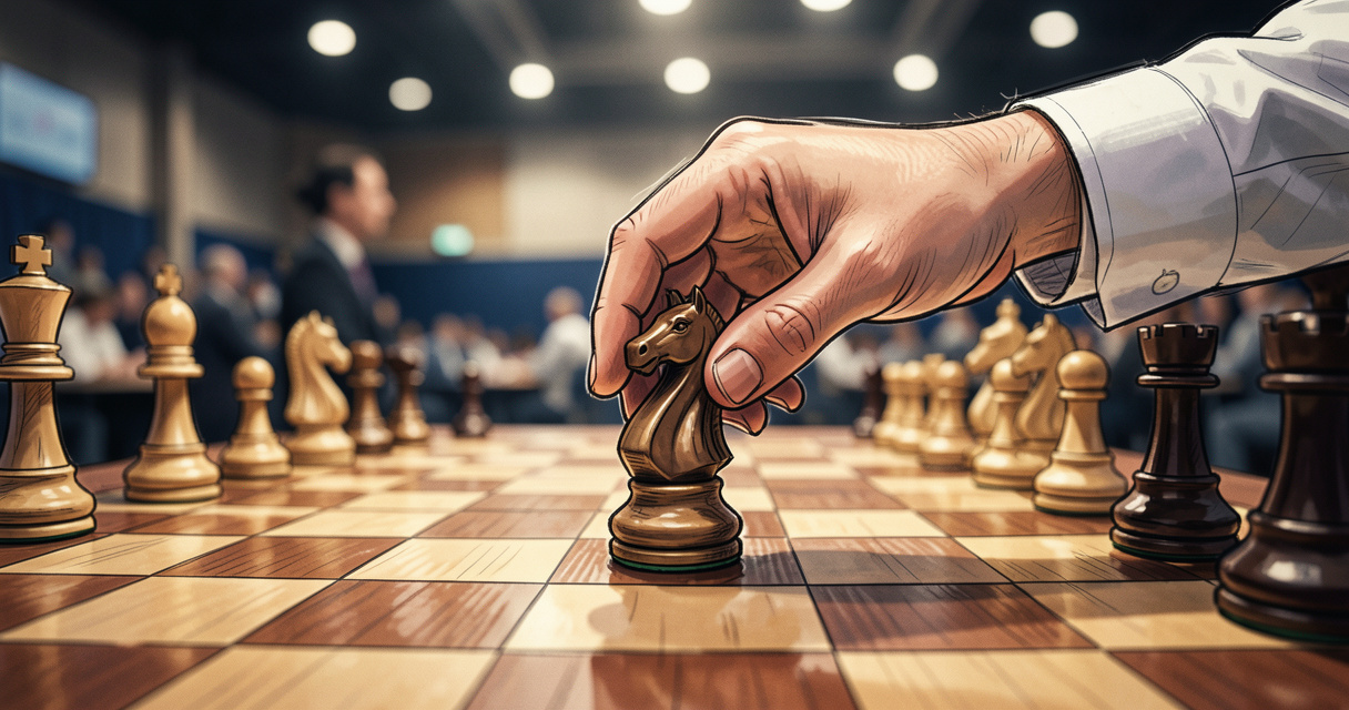 Joueur d'échecs concentré déplaçant un cavalier lors d'une compétition, classement Elo en arrière-plan.