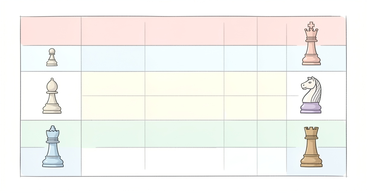 Tableau des niveaux du classement Elo aux échecs avec icônes de pièces du débutant au grand maître.