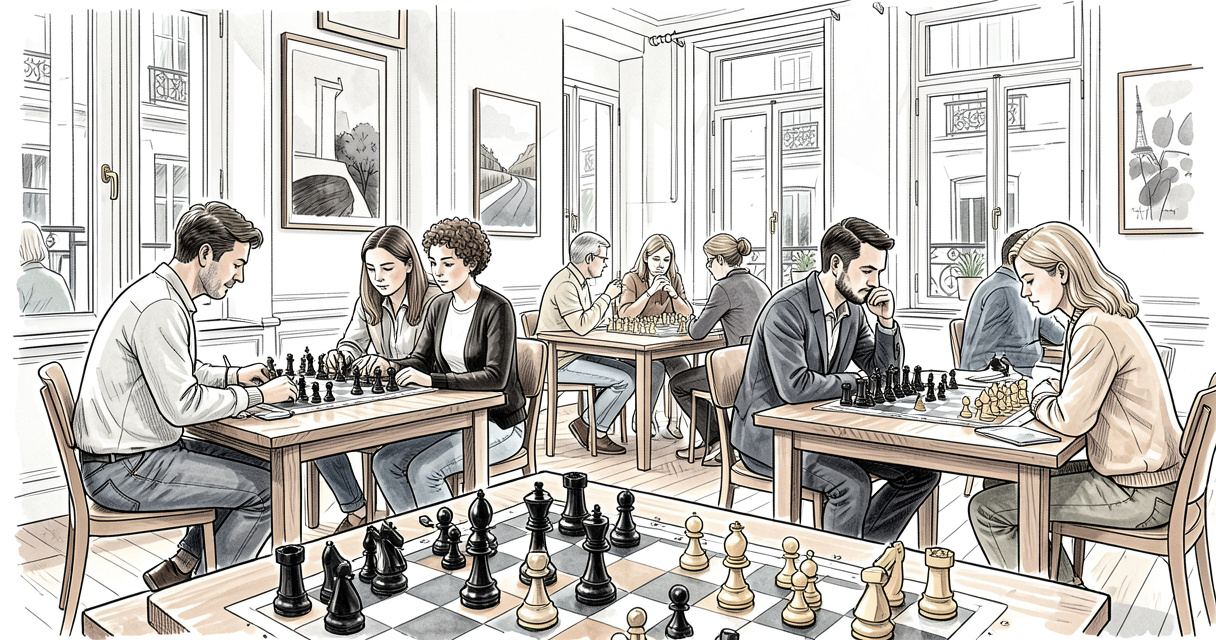 Ambiance chaleureuse d'un club d'échecs à Paris avec joueurs de tous âges autour de tables en bois