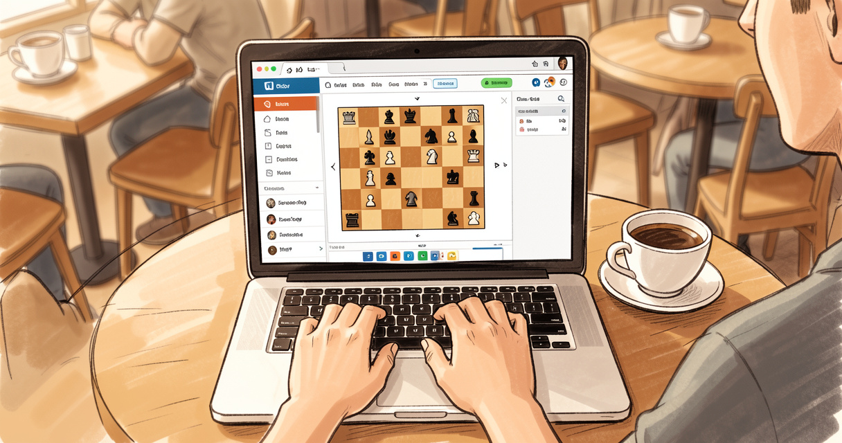 Personne jouant aux échecs en ligne sur un ordinateur portable dans un café parisien