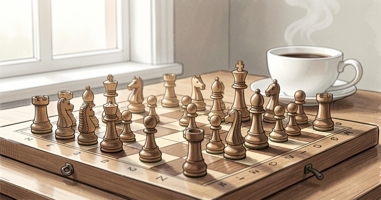 Plateau d'échecs en bois en pleine partie, pièces déplacées, ambiance chaleureuse