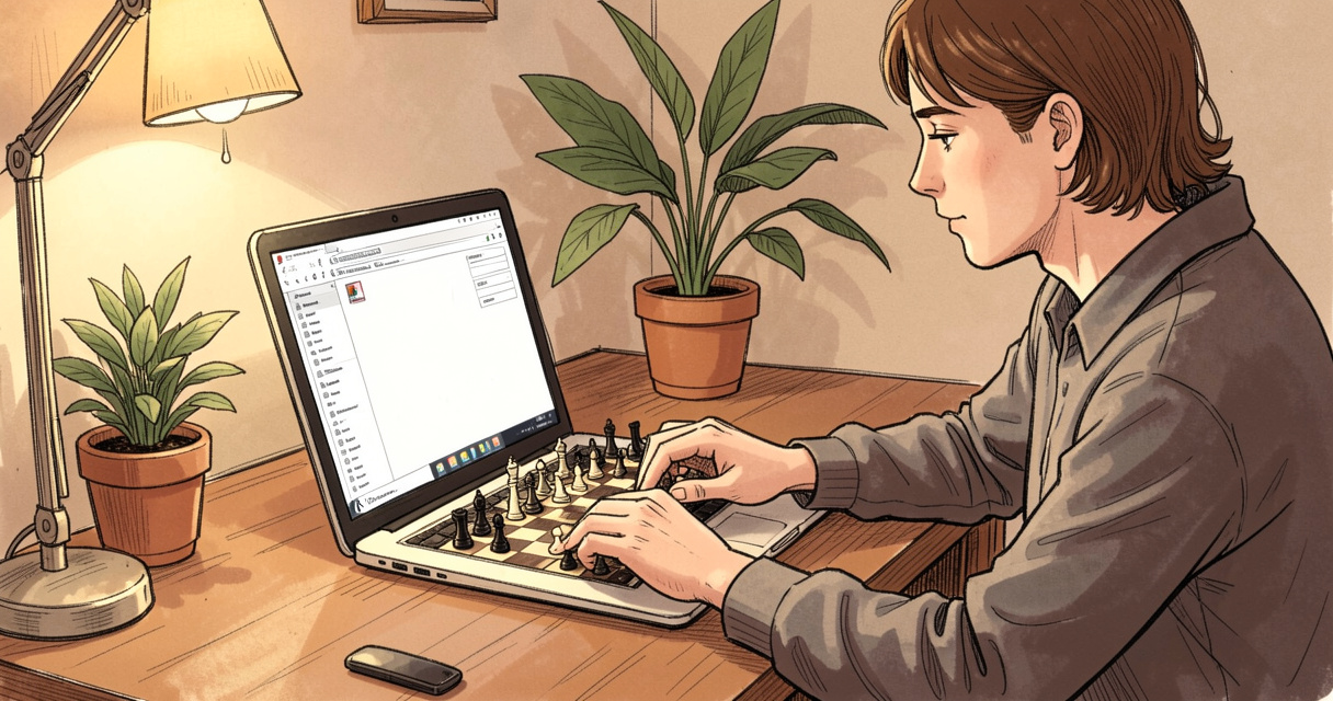 Joueur d'échecs en ligne sur un ordinateur portable dans un intérieur confortable, mains sur le clavier