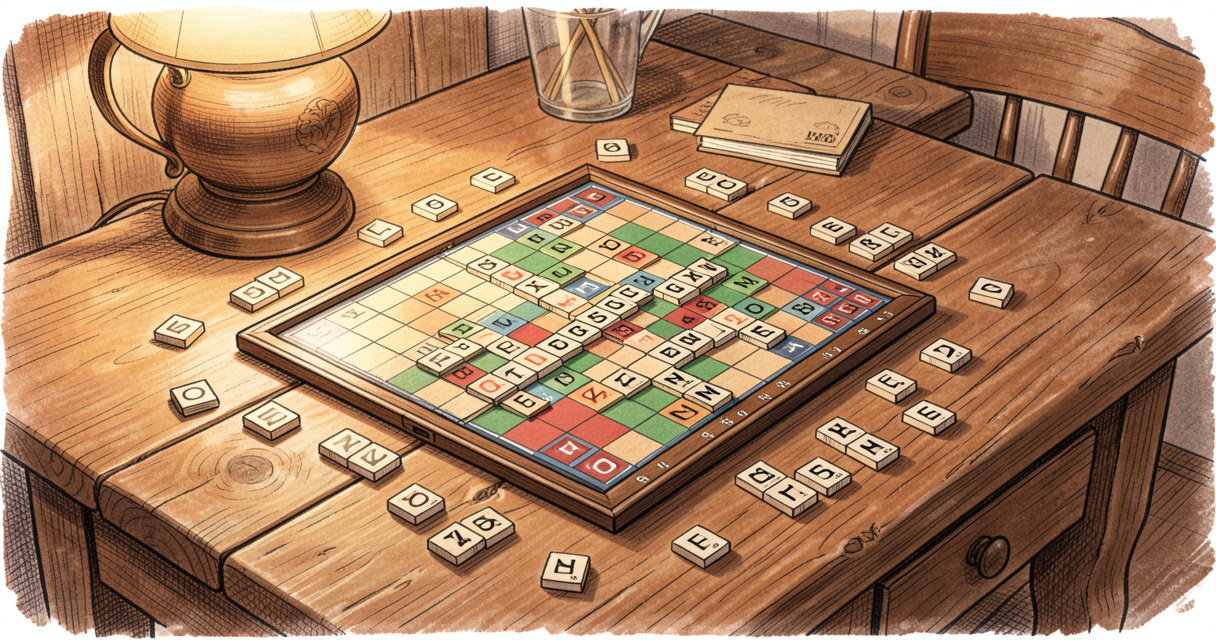 Plateau de Scrabble avec lettres en bois posées sur une table – ambiance jeu conviviale et chaleureuse
