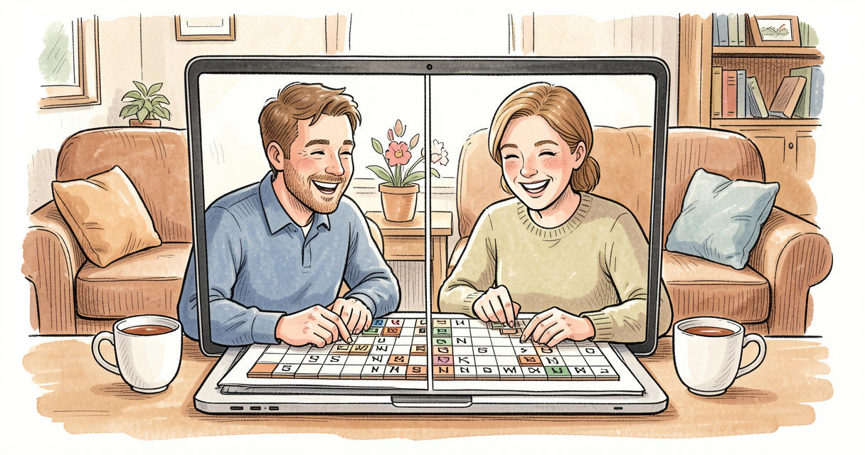 Deux joueurs souriants jouant au Scrabble en ligne sur un ordinateur – mode duo à distance et partage