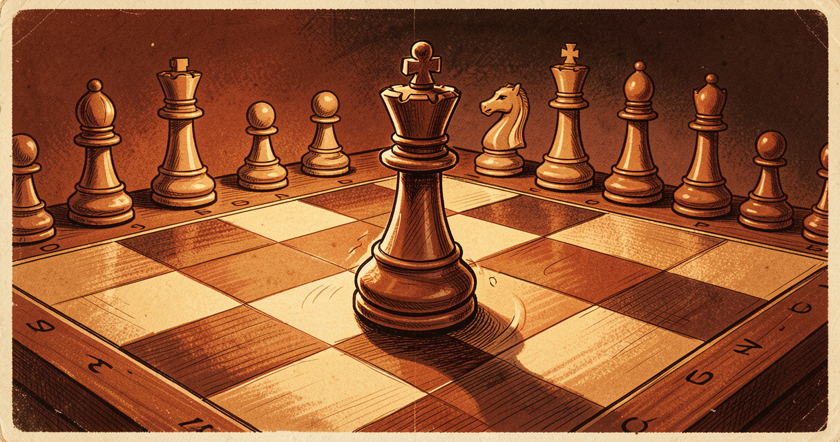 Plan serré d'un plateau d'échecs avec la dame en mouvement, ambiance années 1960
