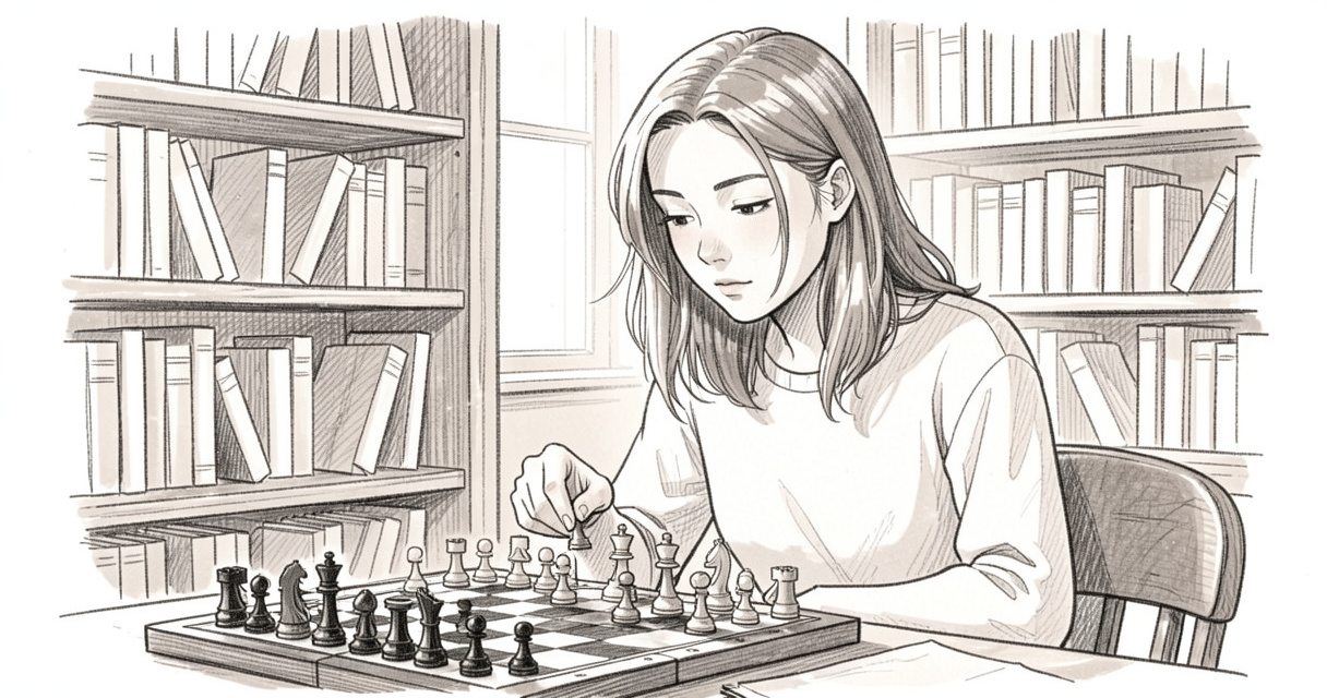Jeune femme plongée dans l'analyse d'une partie d'échecs, bibliothèque en arrière-plan