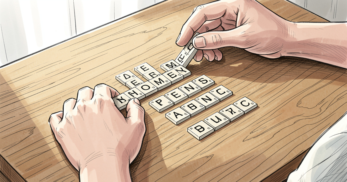 Joueur de scrabble solitaire plaçant des tuiles sur un plateau en bois, mains visibles uniquement