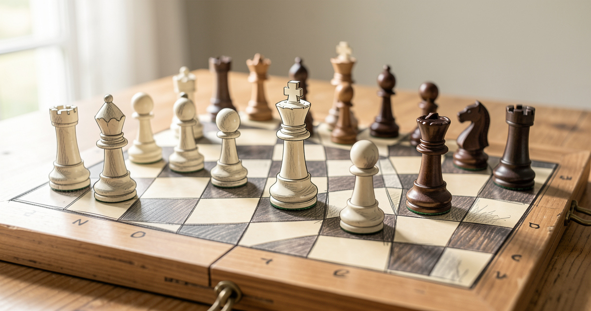 Disposition initiale des pièces sur un échiquier d'échecs, dame blanche sur case blanche, prêt pour la partie