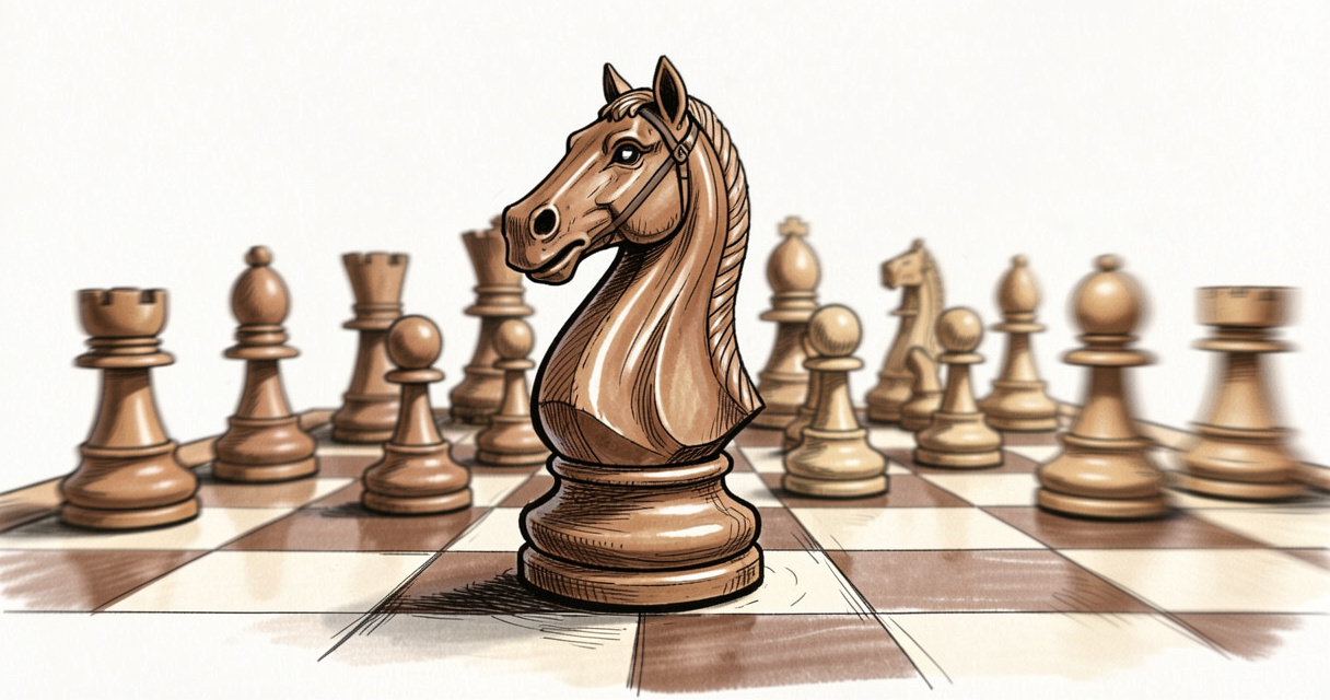 Mouvement du cavalier aux échecs : illustration du déplacement en L sur un plateau en bois