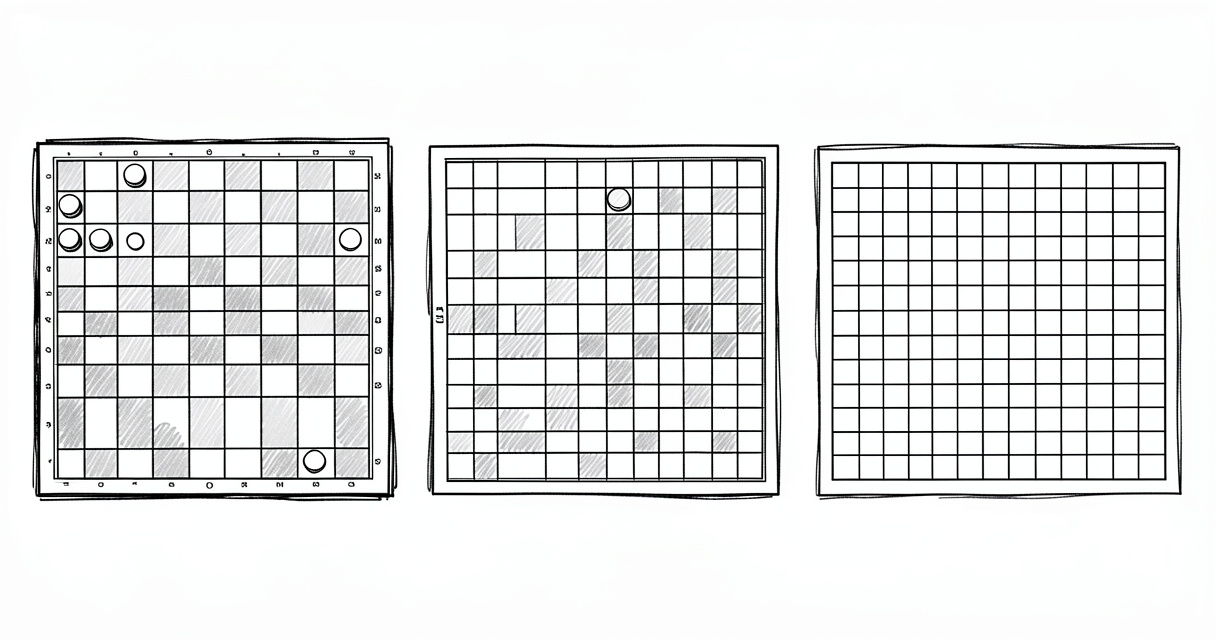 Comparaison entre échiquier 64 cases, damier 100 cases et goban 361 intersections