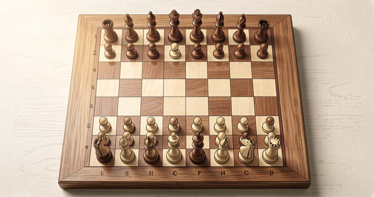 Échiquier en bois avec pièces d'échecs en position de départ, vue de dessus