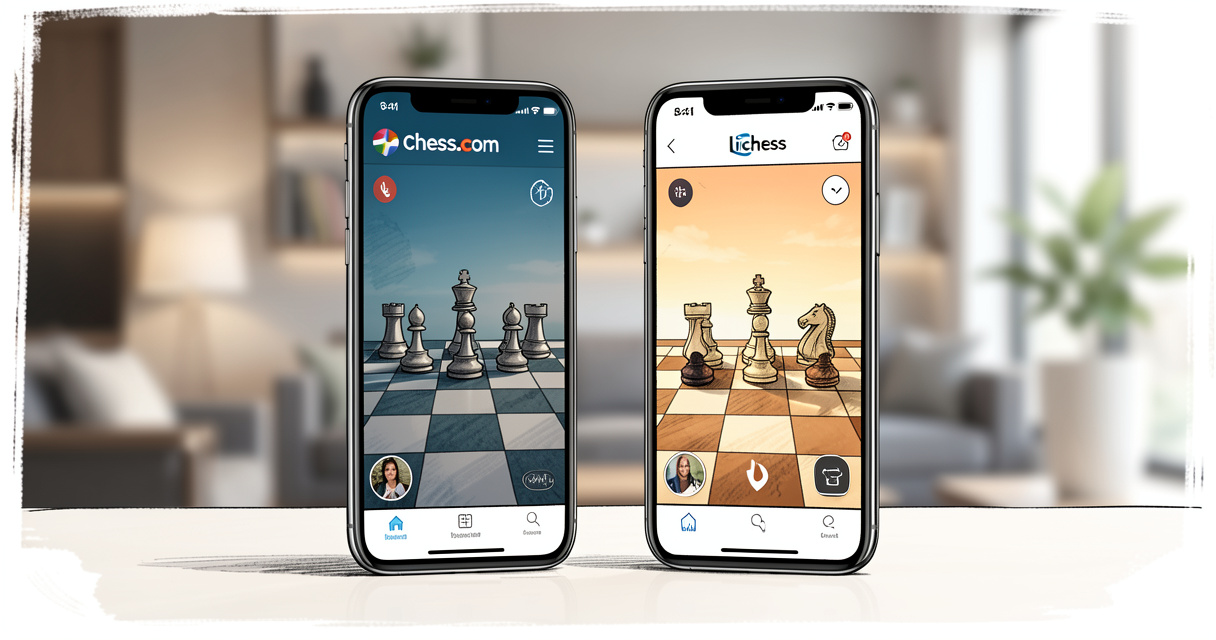 Application mobile d'échecs gratuite sur deux téléphones comparant Chess.com et Lichess