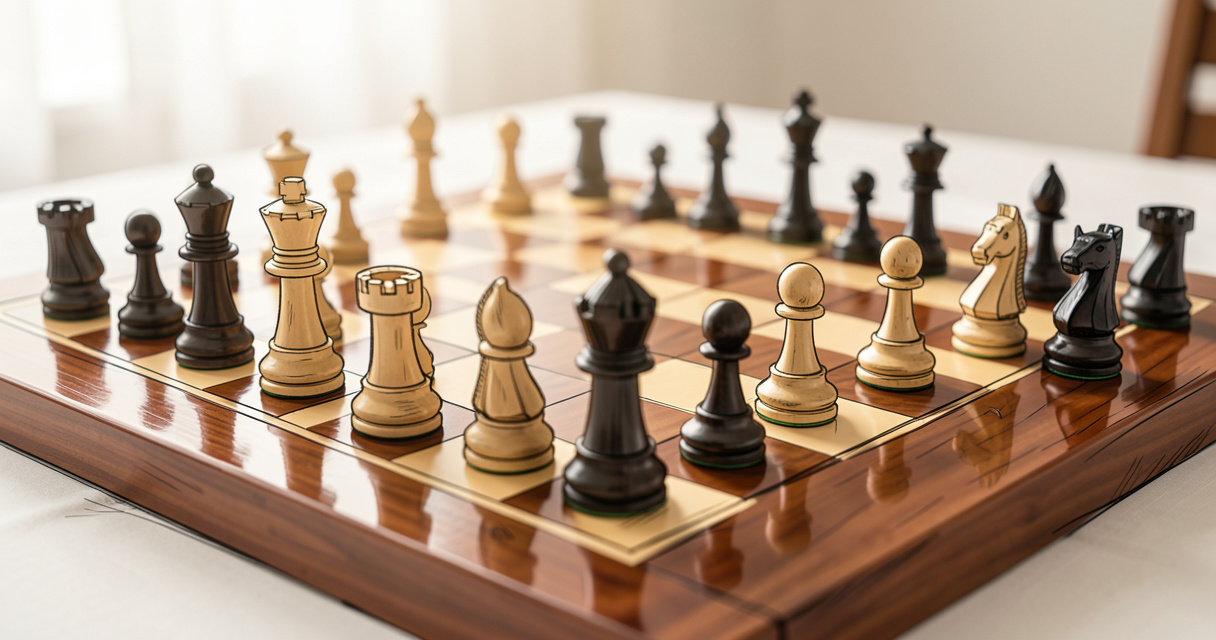 Plateau d'échecs en bois avec pièces en jeu, ambiance stratégique pour guide jeux aux échecs