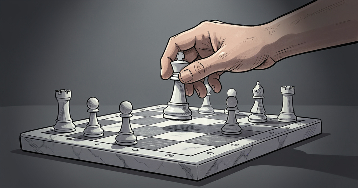 Main déplaçant un cavalier sur un échiquier en marbre, illustration pour jouer aux échecs