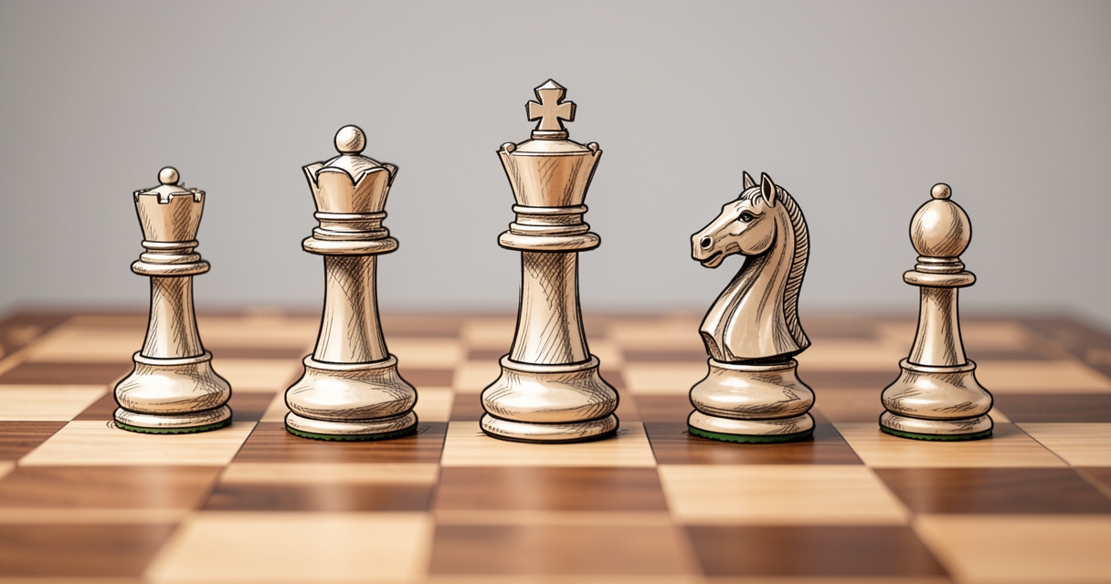 Les six types de pièces d'échecs disposés sur un échiquier en bois
