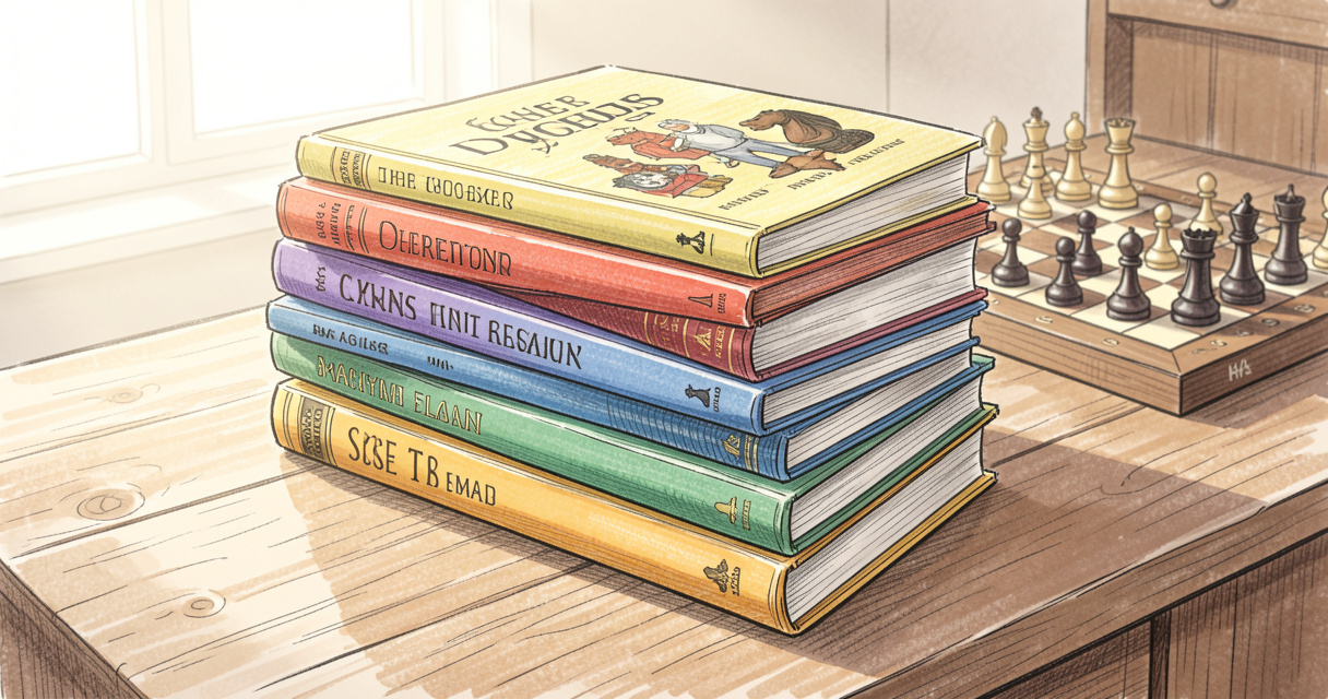 Pile de livres d'échecs colorés sur une table en bois avec un échiquier en arrière-plan – illustration pour guide des me