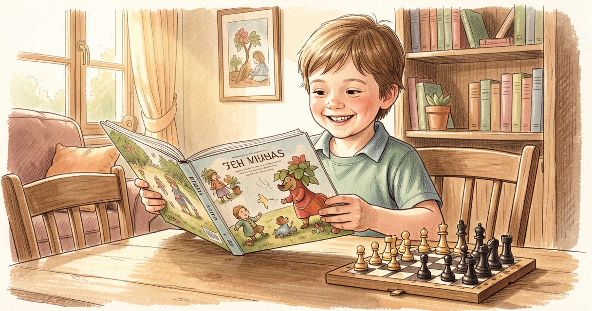 Enfant lisant un livre d'échecs illustré avec des pièces disposées – livre d'échecs pour enfant recommandé en 2026