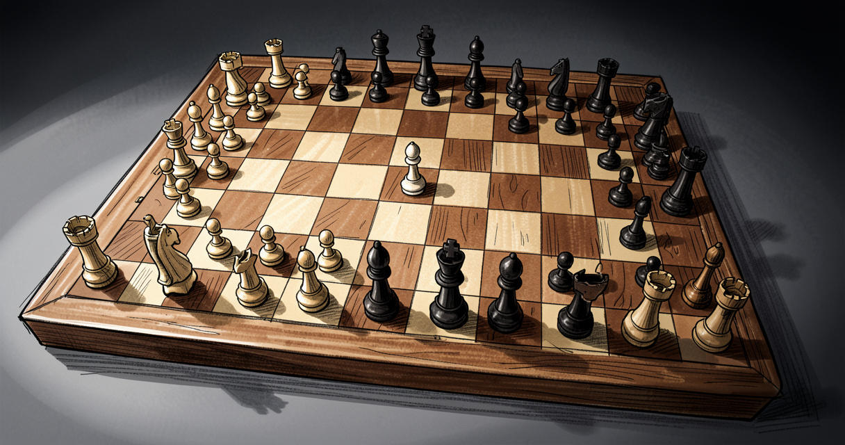 Position de départ de la défense sicilienne avec pion e4 blanc et pion c5 noir sur échiquier en bois