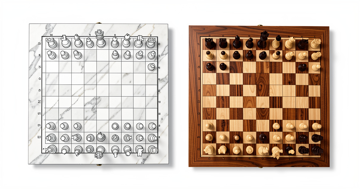 Comparaison entre un plateau d'échecs en marbre et un en palissandre