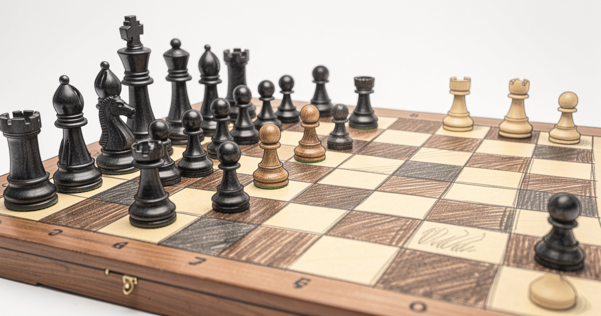 Plateau d'échecs montrant la position de départ de l'ouverture sicilienne après 1.e4 c5.