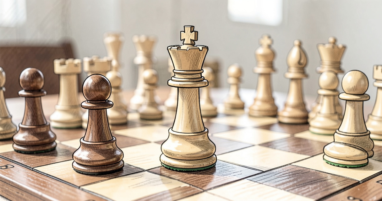Pièces d'échecs Staunton en bois sur échiquier, roi en avant-plan