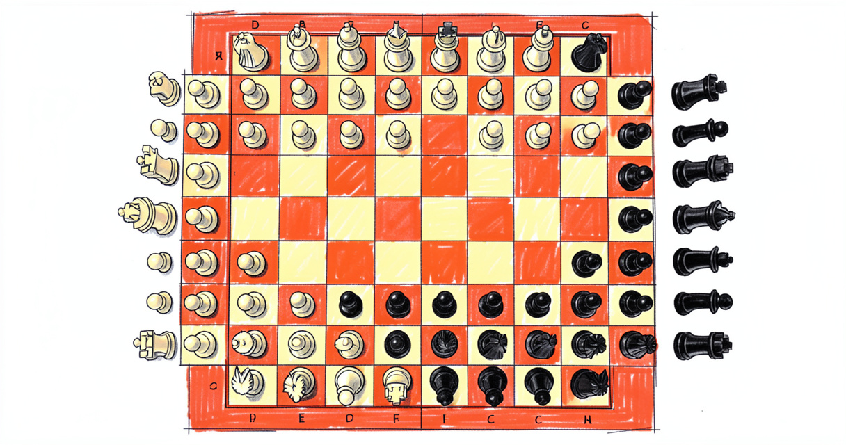Disposition initiale des pièces sur un échiquier avec pions, tours, cavaliers, fous, dame et roi