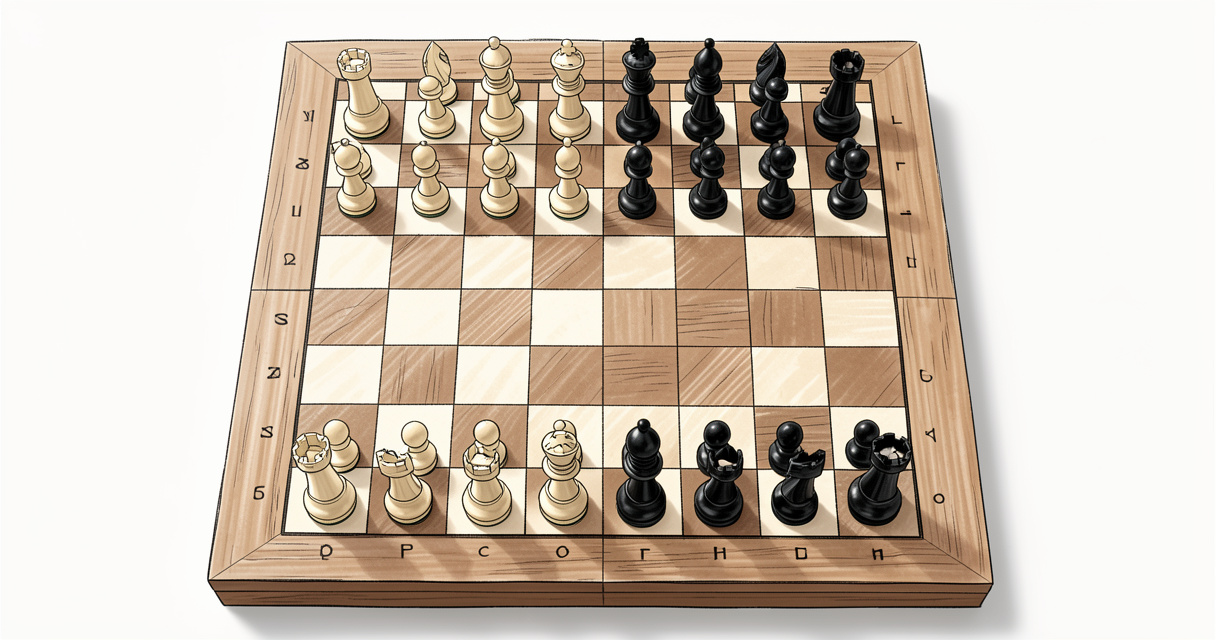 Échiquier avec pièces d'échecs en position initiale, vue de dessus