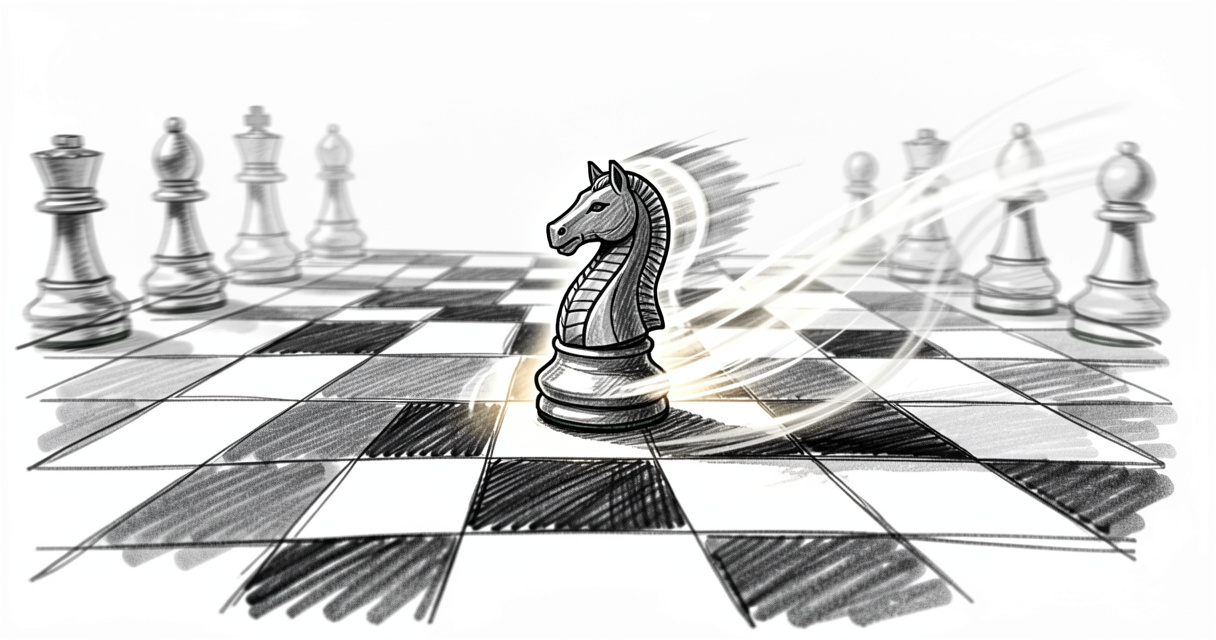 Mouvement du cavalier aux échecs illustré par une trajectoire en L sur l'échiquier.