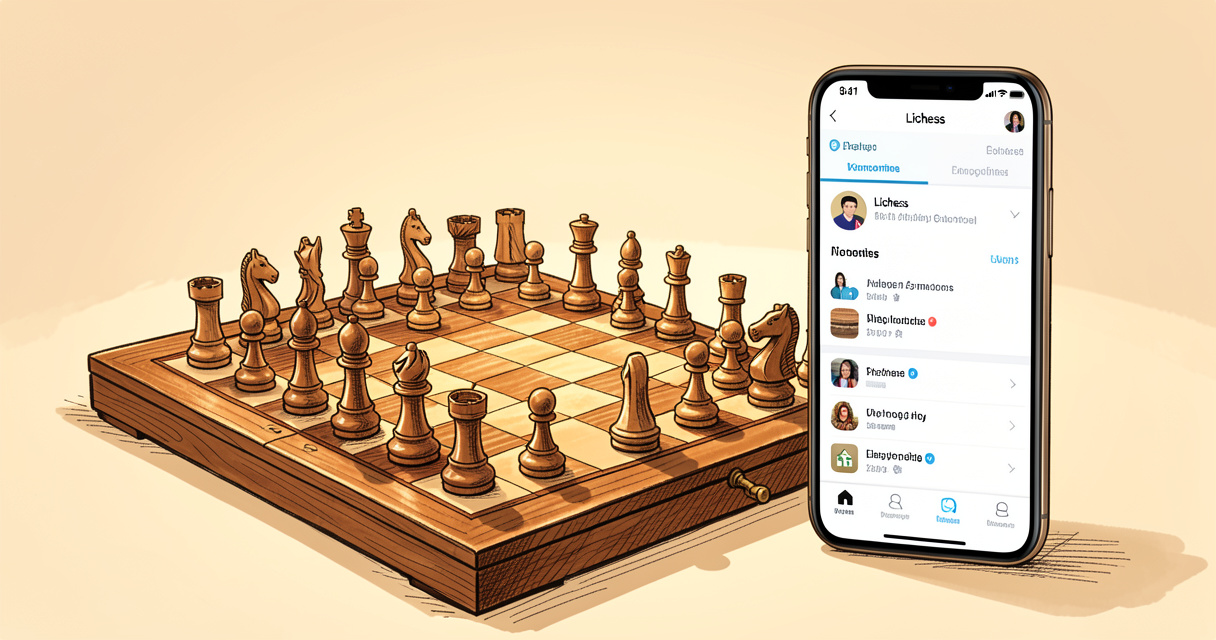 Jeux d'échecs électroniques : un plateau traditionnel à côté d'une application Lichess sur smartphone, illustration du c