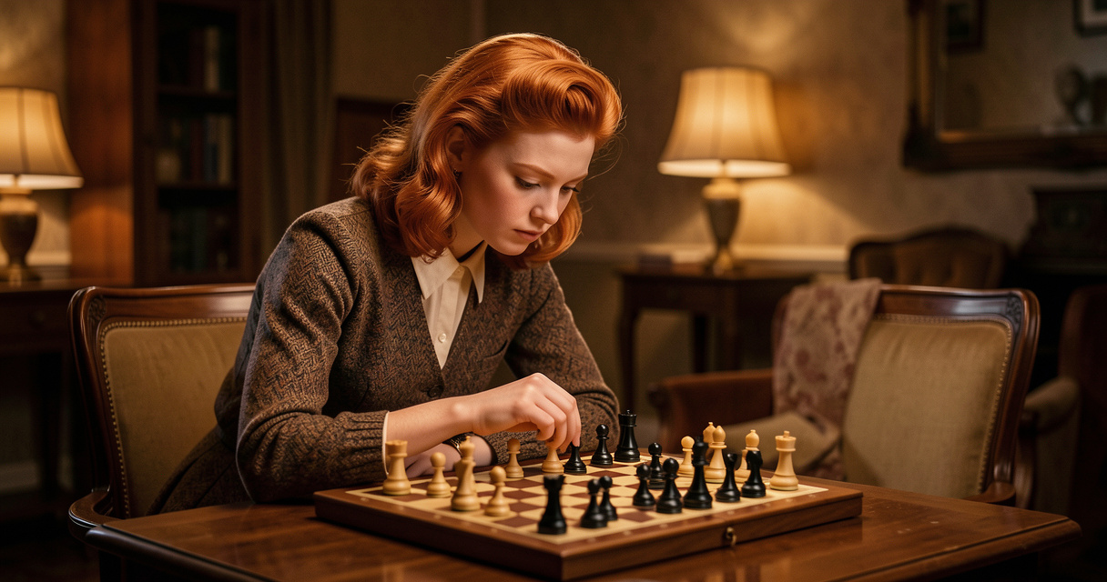 Beth Harmon concentrée sur une partie d'échecs dans Le Jeu de la dame