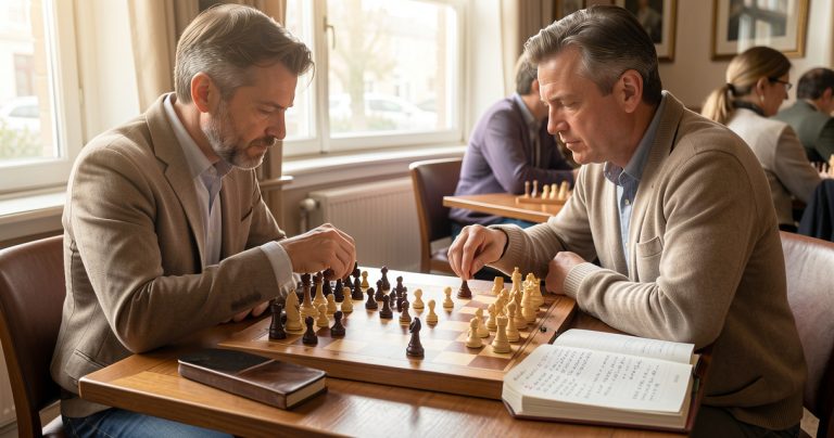 Joueur analysant une partie d’échecs avec un échiquier et un carnet de notation.