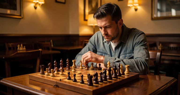 Joueur d'échecs concentré analysant les variantes et coups candidats sur un échiquier en bois
