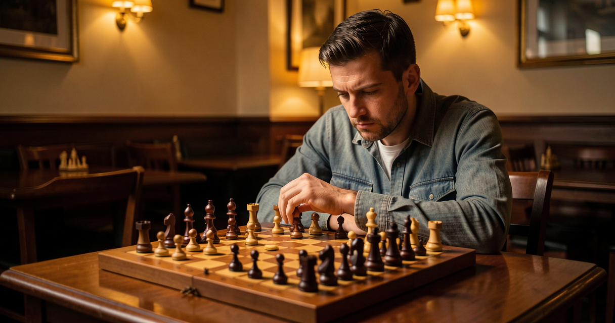 Joueur d'échecs concentré analysant les variantes et coups candidats sur un échiquier en bois