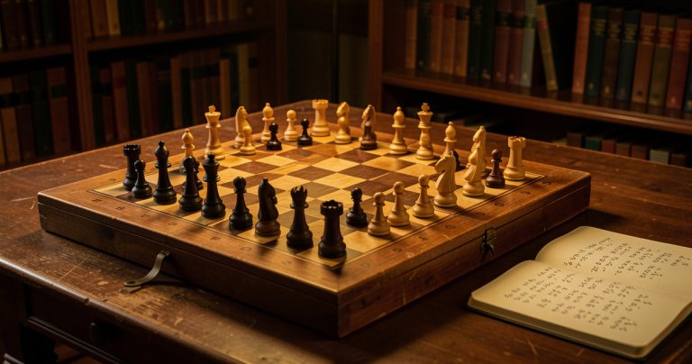 Échiquier en bois d'échecs montrant une position stratégique au centre avec un carnet de notes