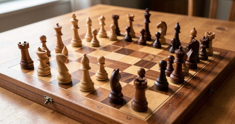 Échiquier en bois avec des pièces installées pour une partie d'échecs