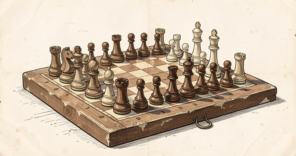 Le Jeu de la dame histoire vraie : échiquier en bois avec pièces alignées