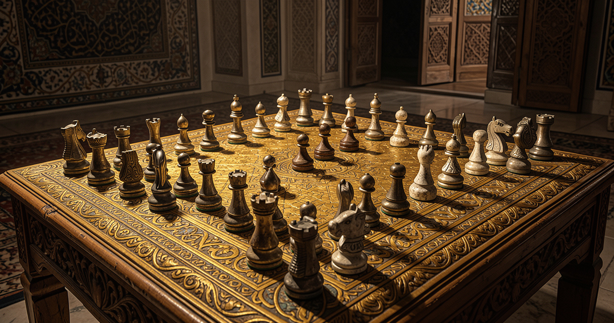 Pièces de shatranj persan sur un échiquier historique, ancêtre du jeu d'échecs