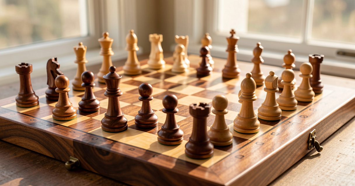 Jeu d'échecs en bois de noyer et érable avec pièces Staunton sculptées à la main