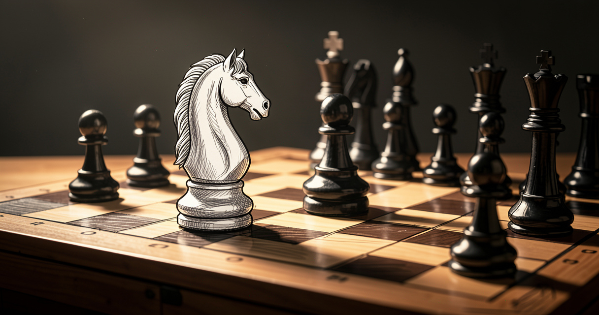 Tactique aux échecs : cavalier prêt à réaliser une fourchette sur le roi et la dame