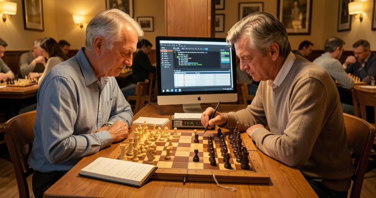 Joueur analysant une partie d'échecs avec un échiquier, un carnet et un moteur d'analyse.