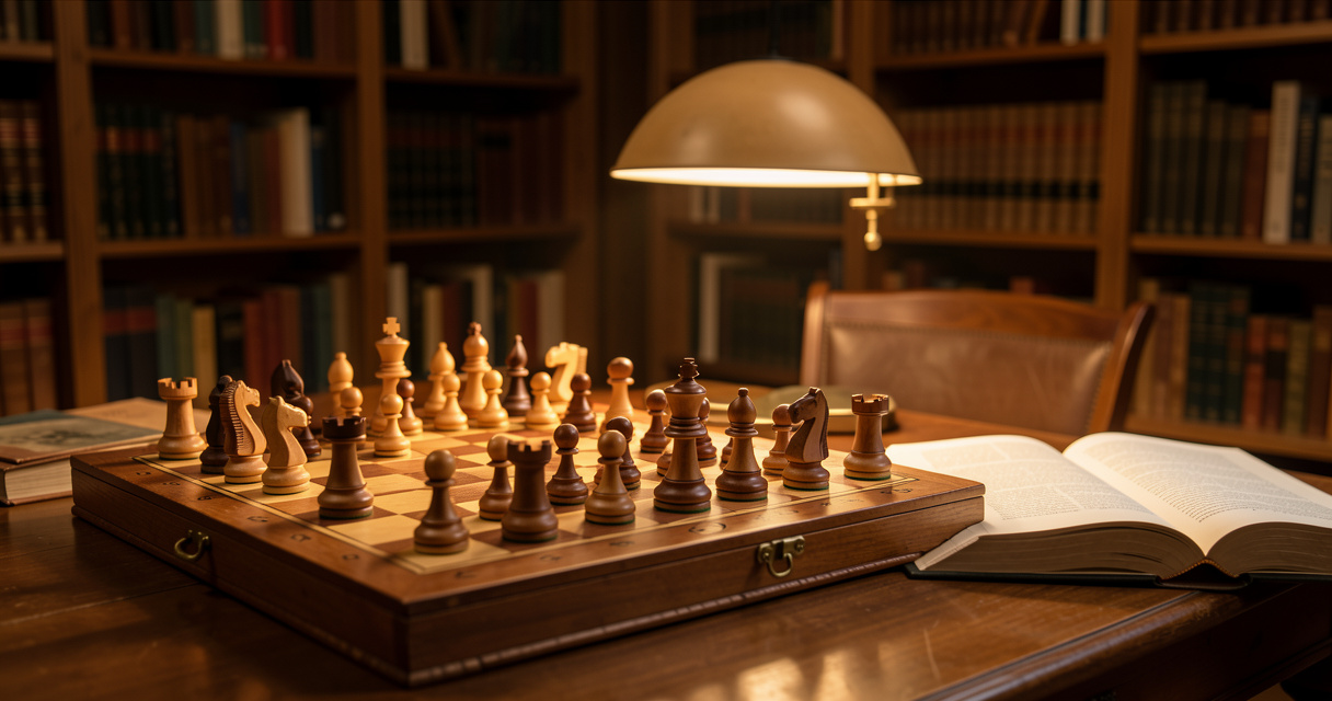 Echiquier en bois avec pieces Staunton a cote d un livre ouvert sur la strategie aux echecs