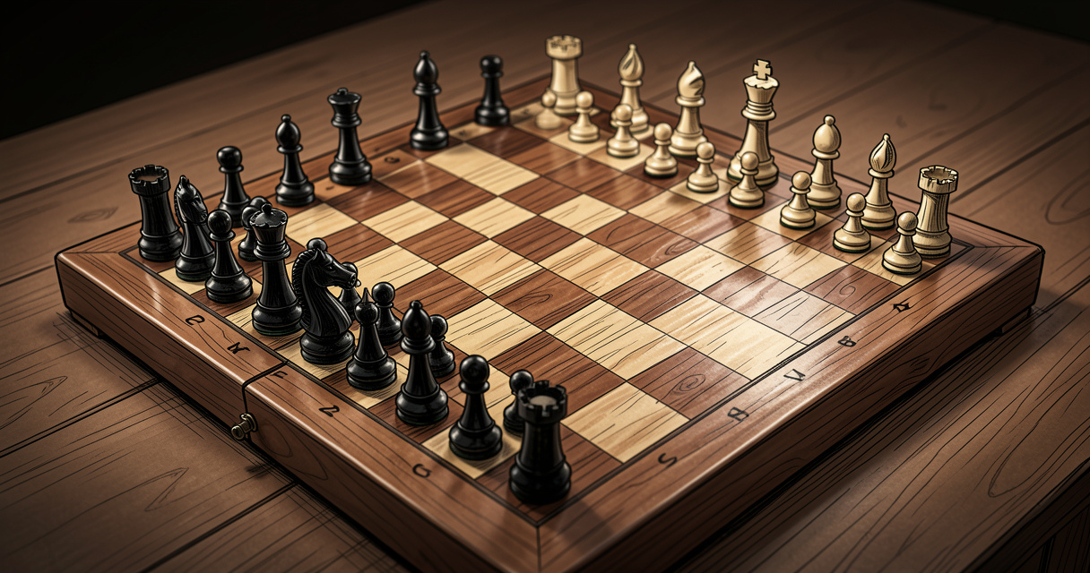 Position de la défense sicilienne sur un échiquier en bois, pion noir en c5