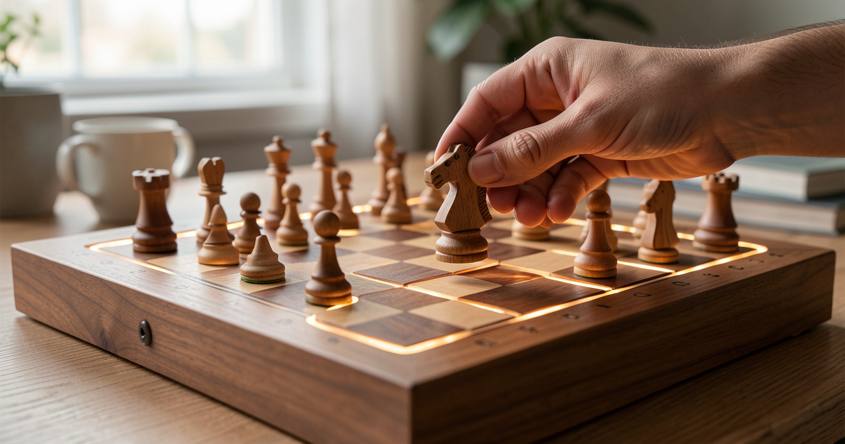 Échiquier connecté en bois, cases LED allumées, main déplaçant un cavalier