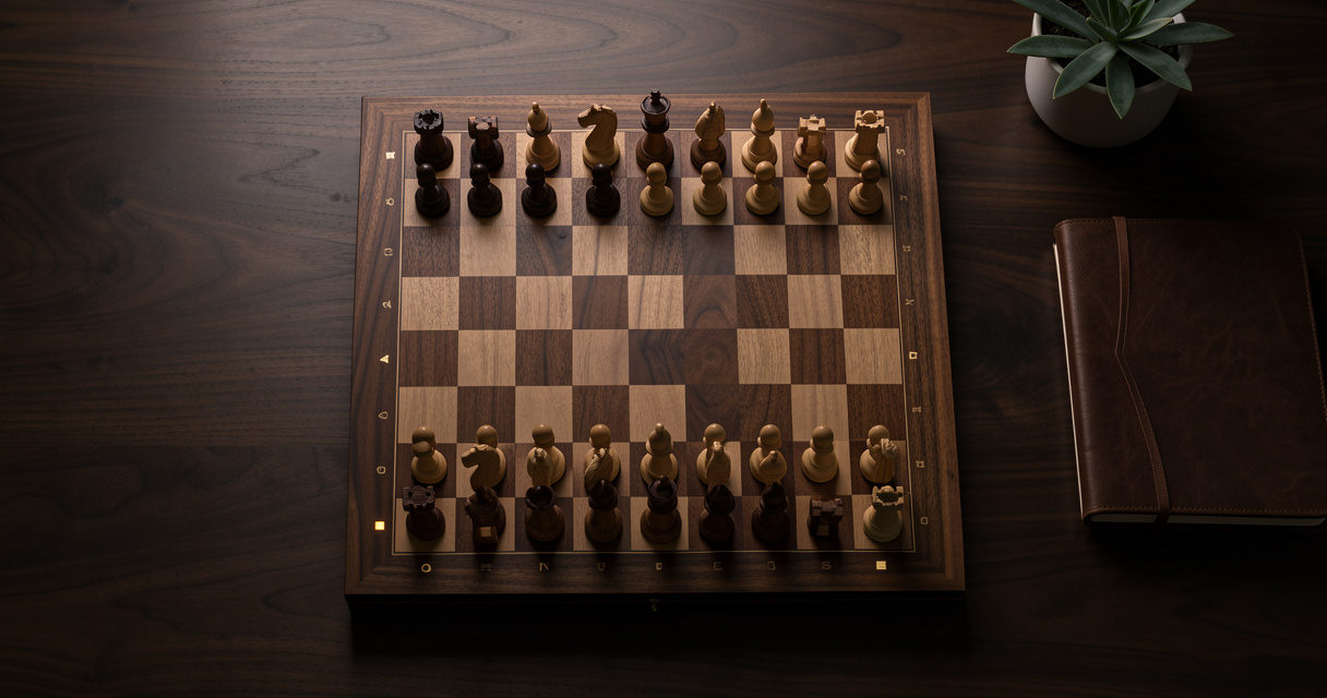 Échiquier connecté vu de dessus sur une table en bois, pièces réelles